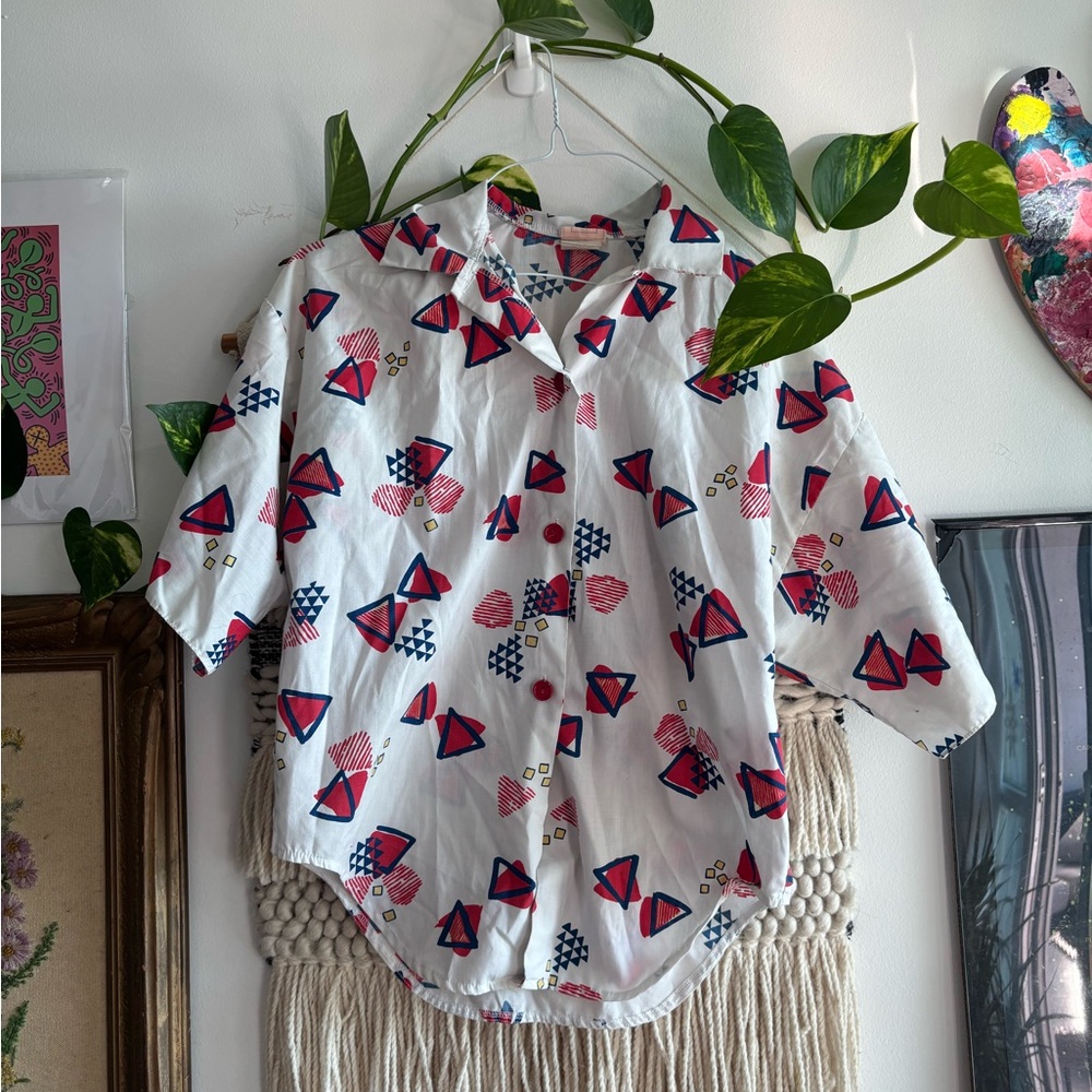 Colorful 90s Y2K Geometric Print Button-Up Shirt